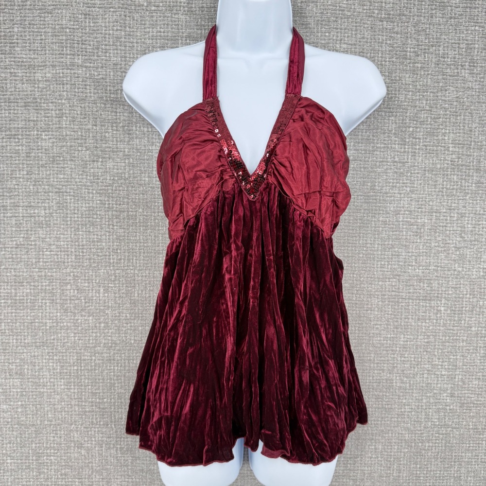 Y2K Fairy Nature Halter Top Women Large Burgundy Velvet Sequin Flowy Boho